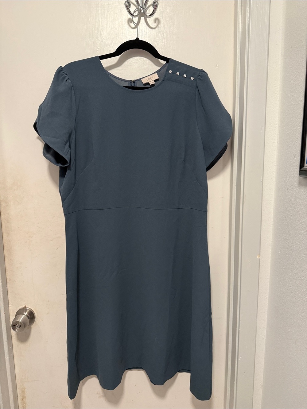 LOFT Slate Blue Short Sleeve Shift Dress with Shoulder Buttons